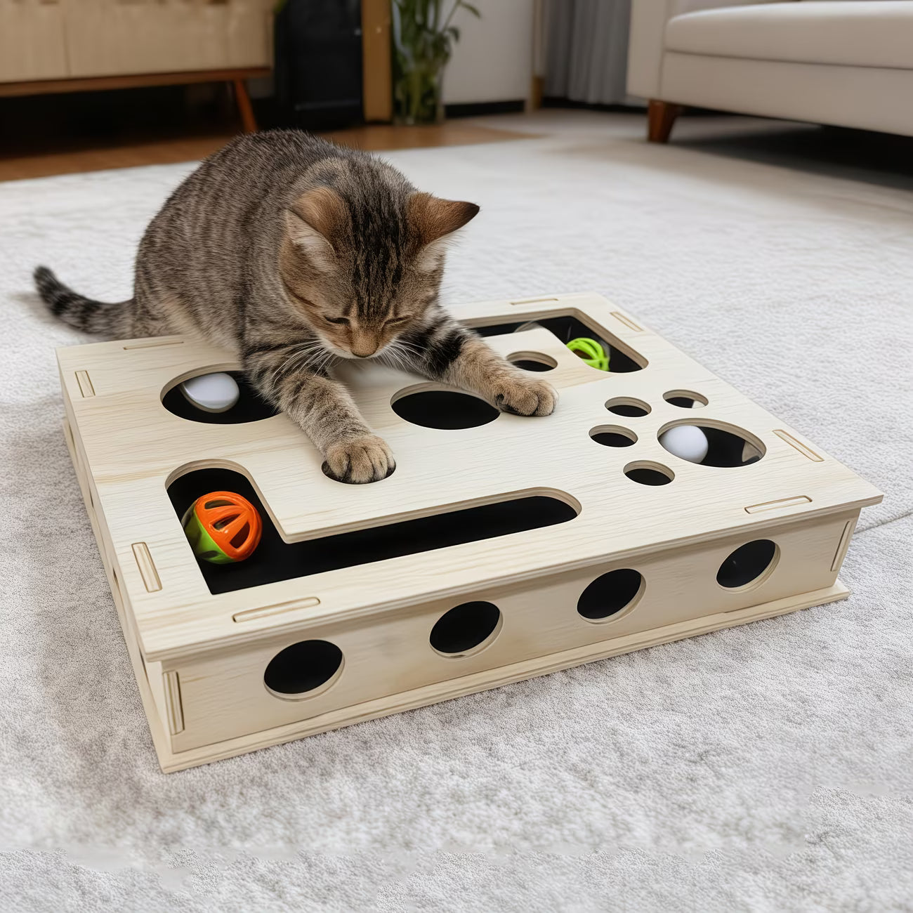 Cat Scratching Post with Nail File - 3-in-1 Interactive Wooden Toy & Treat Box