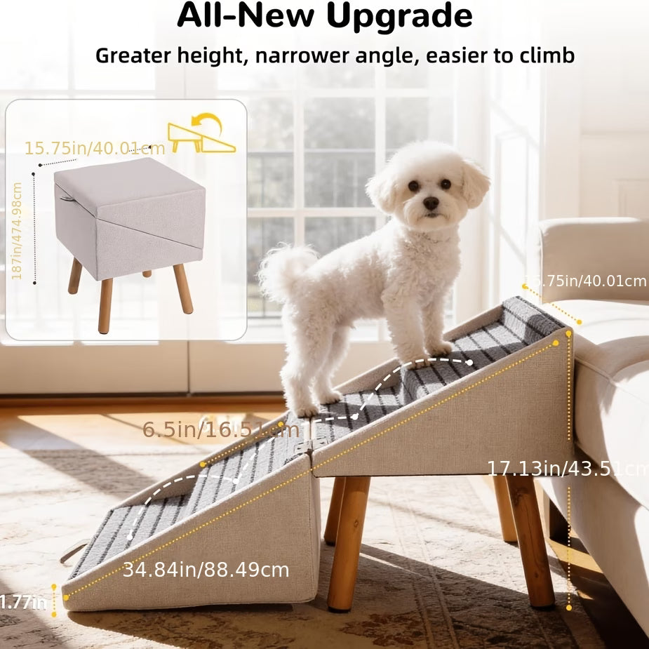 Luxury 2-in-1 Dog Stairs & Storage Ottoman – Safe Pet Ramp for Beds & Sofas